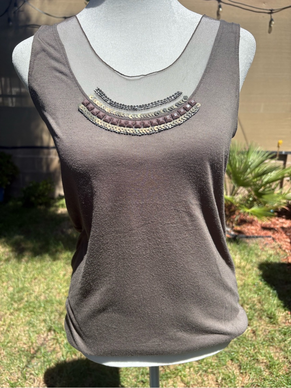 Simply Vera Vera Wang Gray Mesh Embellished Illusion Neck Tank Top PS